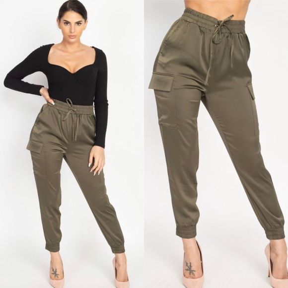 🆕Satin polyester joggers in olive - Picture 1 of 3